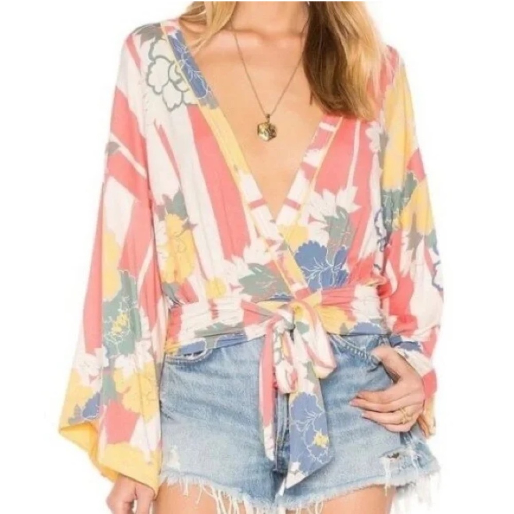 Free People Womens Floral V Neck Cropped Oversized Thats a Wrap Blouse XS